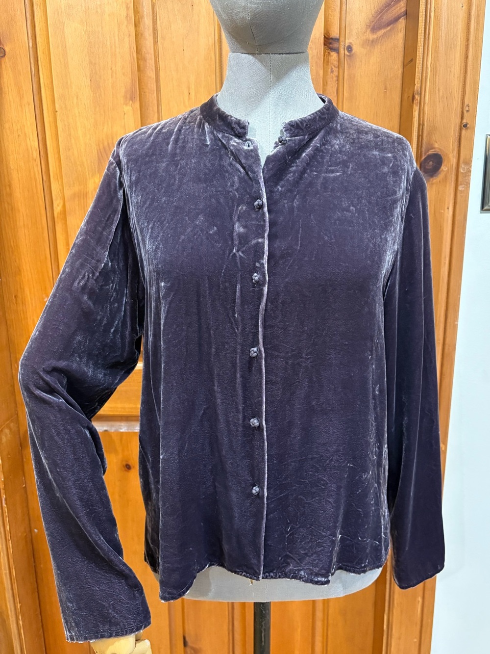 Eileen Fisher Velvet Silk blend, Button-Front Shirt in Plum, size medium